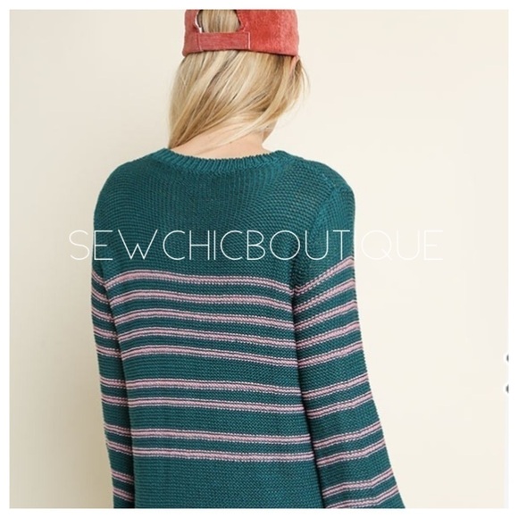 Green Long Bell Sleeve Striped Knit Sweater - Picture 3 of 6